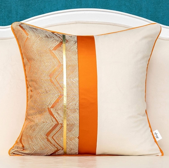 Chevron Burnt Orange Patchwork Velvet Throw Pillow Case Gold Stripes - Picture 1 of 4